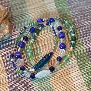 Handmade Green, Blue, Clear Glass & Silver Metal Beaded Stretch Bracelets - NWT